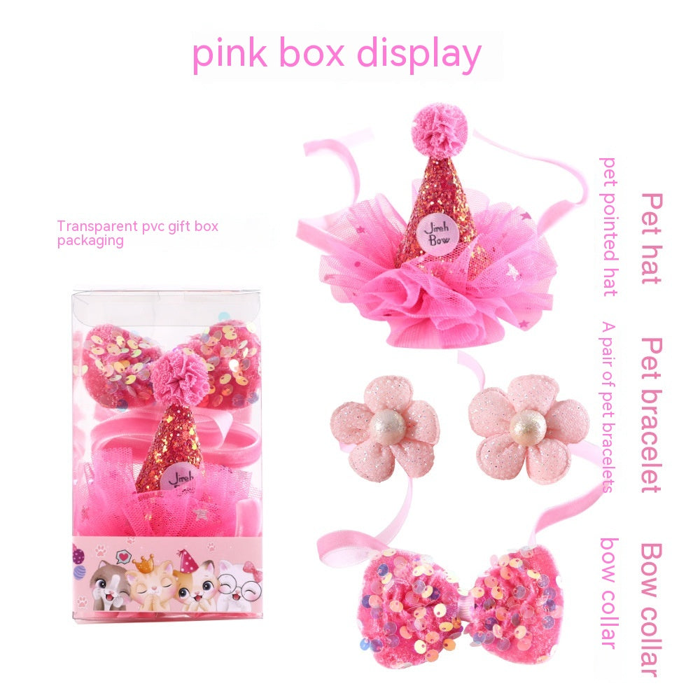 HKM-0221117 Cat Party Outfit Set - Pink or Blue Birthday Hat, Bow Tie & Flower Collar