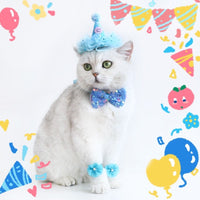 HKM-0221117 Cat Party Outfit Set - Pink or Blue Birthday Hat, Bow Tie & Flower Collar