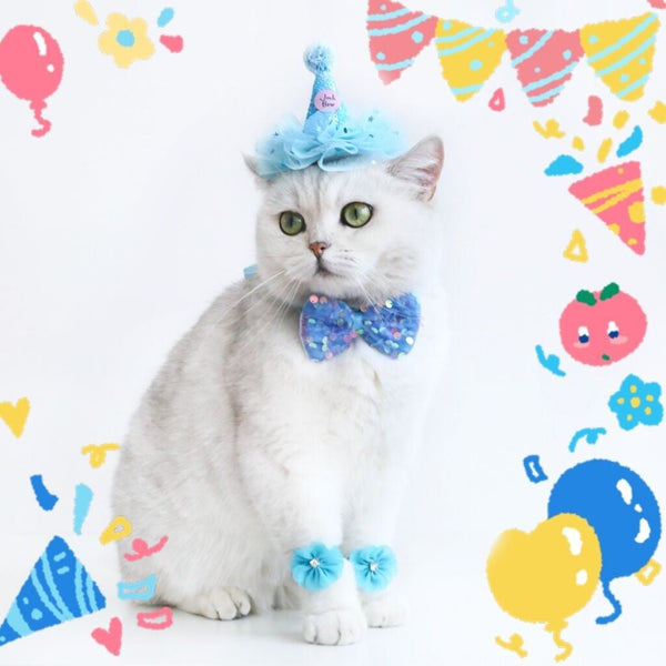 HKM-0221117 Cat Party Outfit Set - Pink or Blue Birthday Hat, Bow Tie & Flower Collar