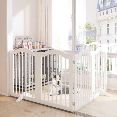 HKM-0222525 Tall Freestanding Pet Gate - 27.6" Height, 4 Panel Solid Wood Folding Safety Fence with Support Feet for Stairs and Doorways