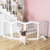 HKM-0222525 Tall Freestanding Pet Gate - 27.6" Height, 4 Panel Solid Wood Folding Safety Fence with Support Feet for Stairs and Doorways