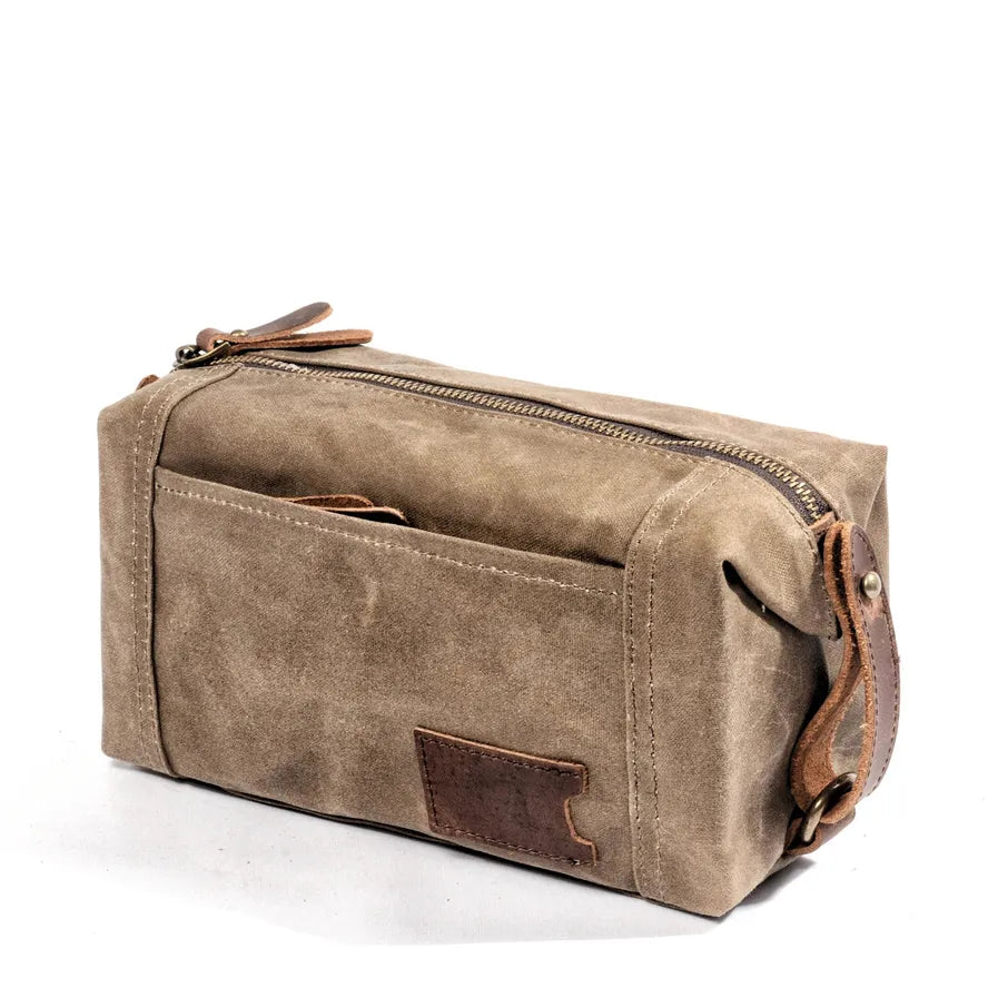 HKM-022419 Waterproof Canvas and Cowhide Leather Men's Toiletry Handbag 23cm x 8.5cm x 13cm