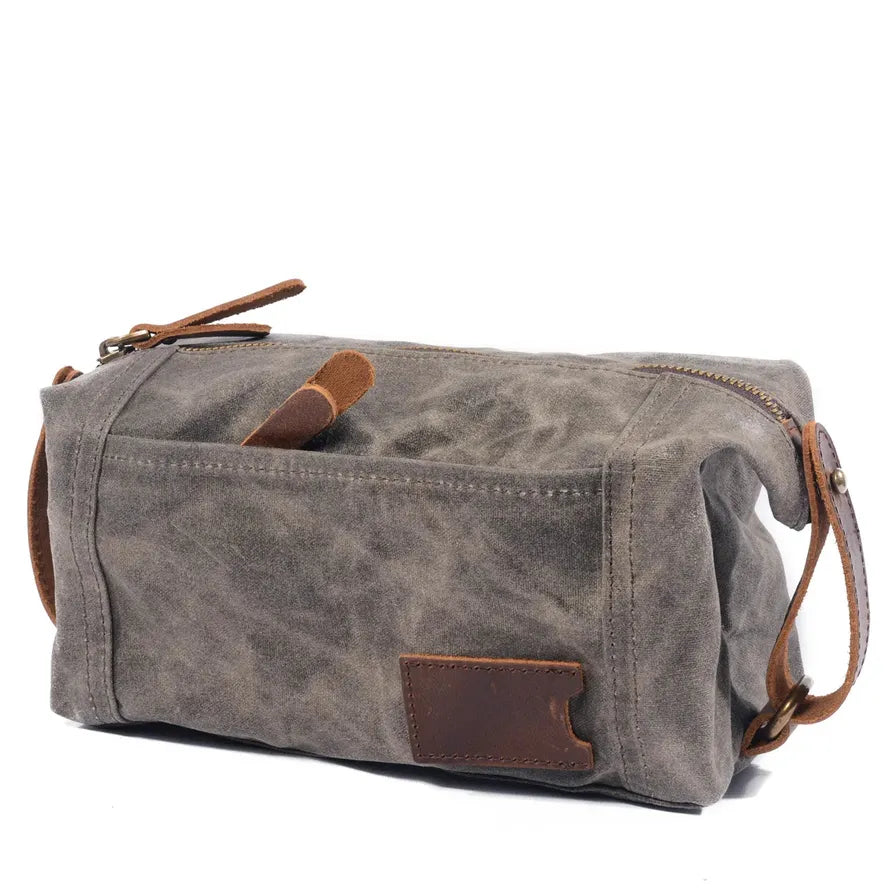 HKM-022419 Waterproof Canvas and Cowhide Leather Men's Toiletry Handbag 23cm x 8.5cm x 13cm