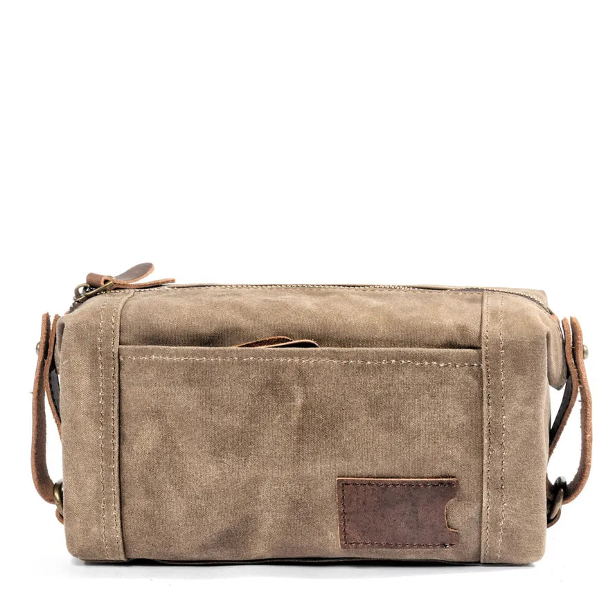 HKM-022419 Waterproof Canvas and Cowhide Leather Men's Toiletry Handbag 23cm x 8.5cm x 13cm