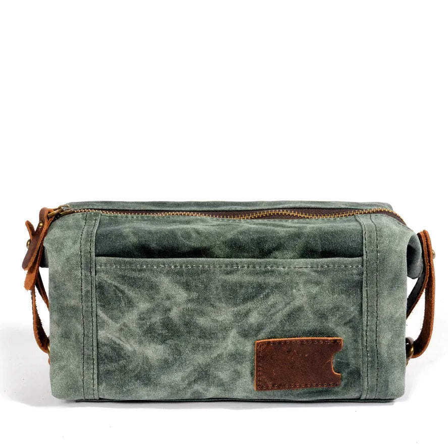 HKM-022419 Waterproof Canvas and Cowhide Leather Men's Toiletry Handbag 23cm x 8.5cm x 13cm