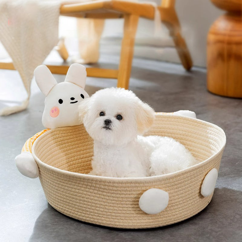 HKM-0226109 Cotton Rope Cat Bed and Scratcher with Multi-Purpose Woven Basket for Indoor Cats and Small Pets