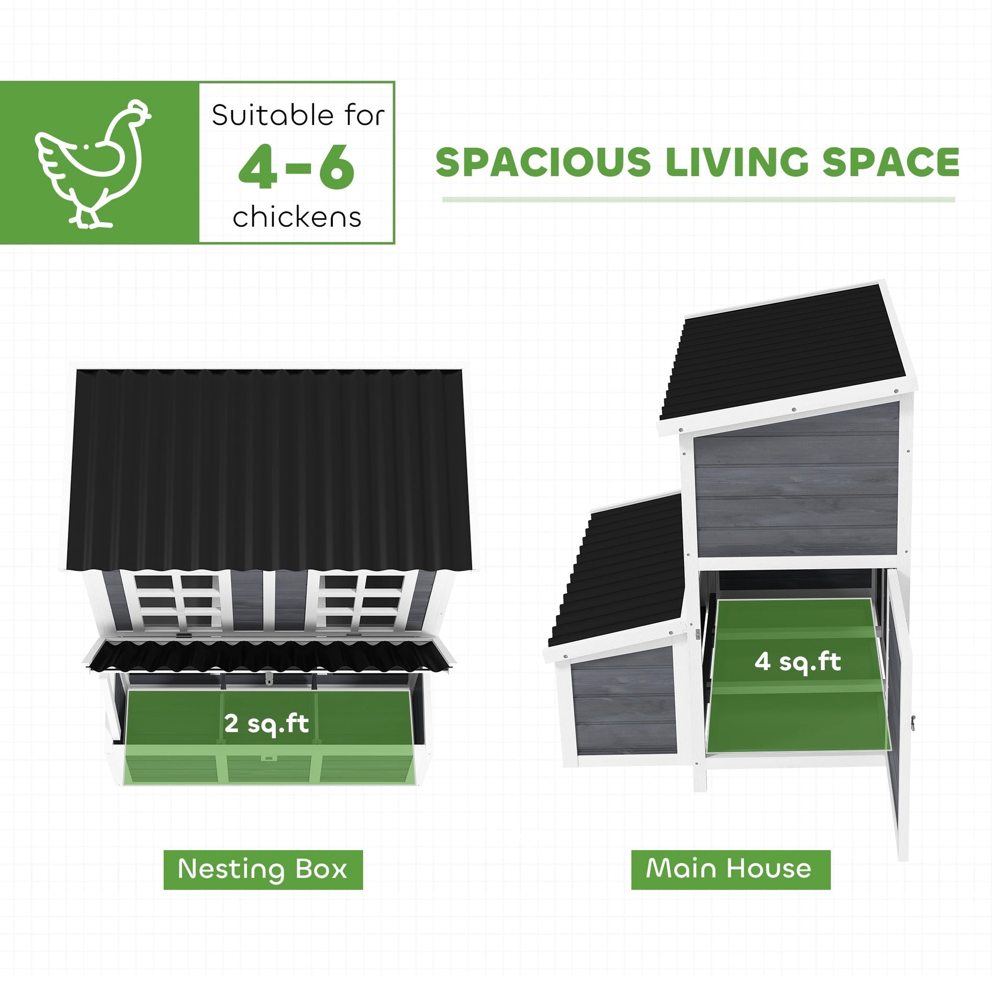HKM-0228285 Spacious Wooden Chicken Coop with Nesting Box and Pull-Out Tray, Waterproof Roof for 4-6 Chickens