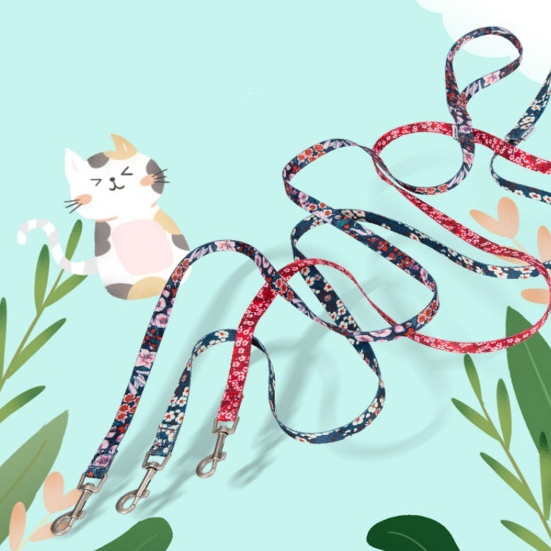 HKM-0228413 Floral Pattern Hand-Held Rope for Cats and Dogs - Durable Nylon Design, 1.3cm Width, 120cm Length