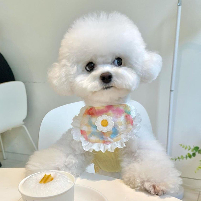 HKM-0231997 Cute Plaid Lace Bib for Pets - Yellow, Orange, Blue Grids, Polyester, One Size, 13.5cm x 9cm