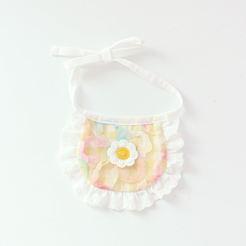 HKM-0231997 Cute Plaid Lace Bib for Pets - Yellow, Orange, Blue Grids, Polyester, One Size, 13.5cm x 9cm