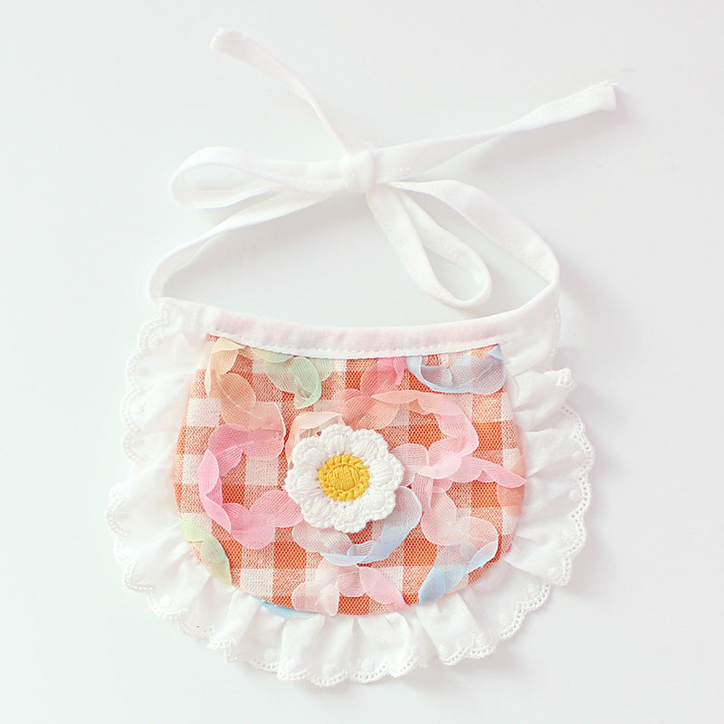 HKM-0231997 Cute Plaid Lace Bib for Pets - Yellow, Orange, Blue Grids, Polyester, One Size, 13.5cm x 9cm