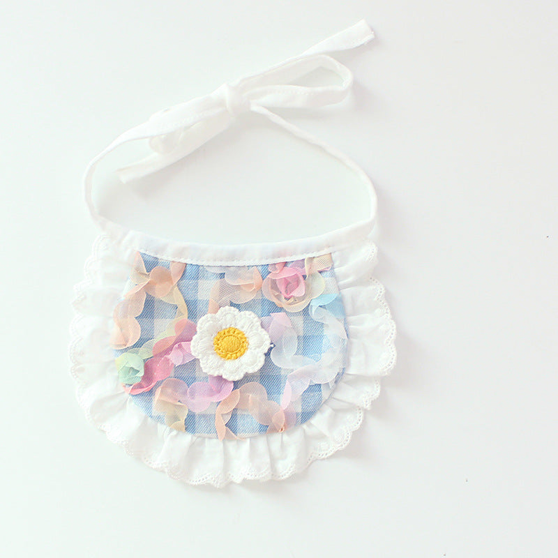 HKM-0231997 Cute Plaid Lace Bib for Pets - Yellow, Orange, Blue Grids, Polyester, One Size, 13.5cm x 9cm
