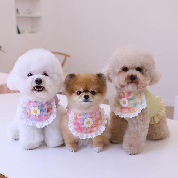 HKM-0231997 Cute Plaid Lace Bib for Pets - Yellow, Orange, Blue Grids, Polyester, One Size, 13.5cm x 9cm