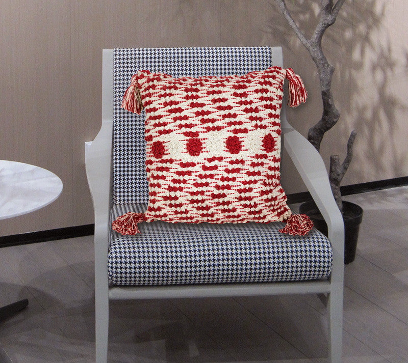 HKM-023571 Cotton Tassel Pillow Cover in Red - Modern Nordic Style Cushion