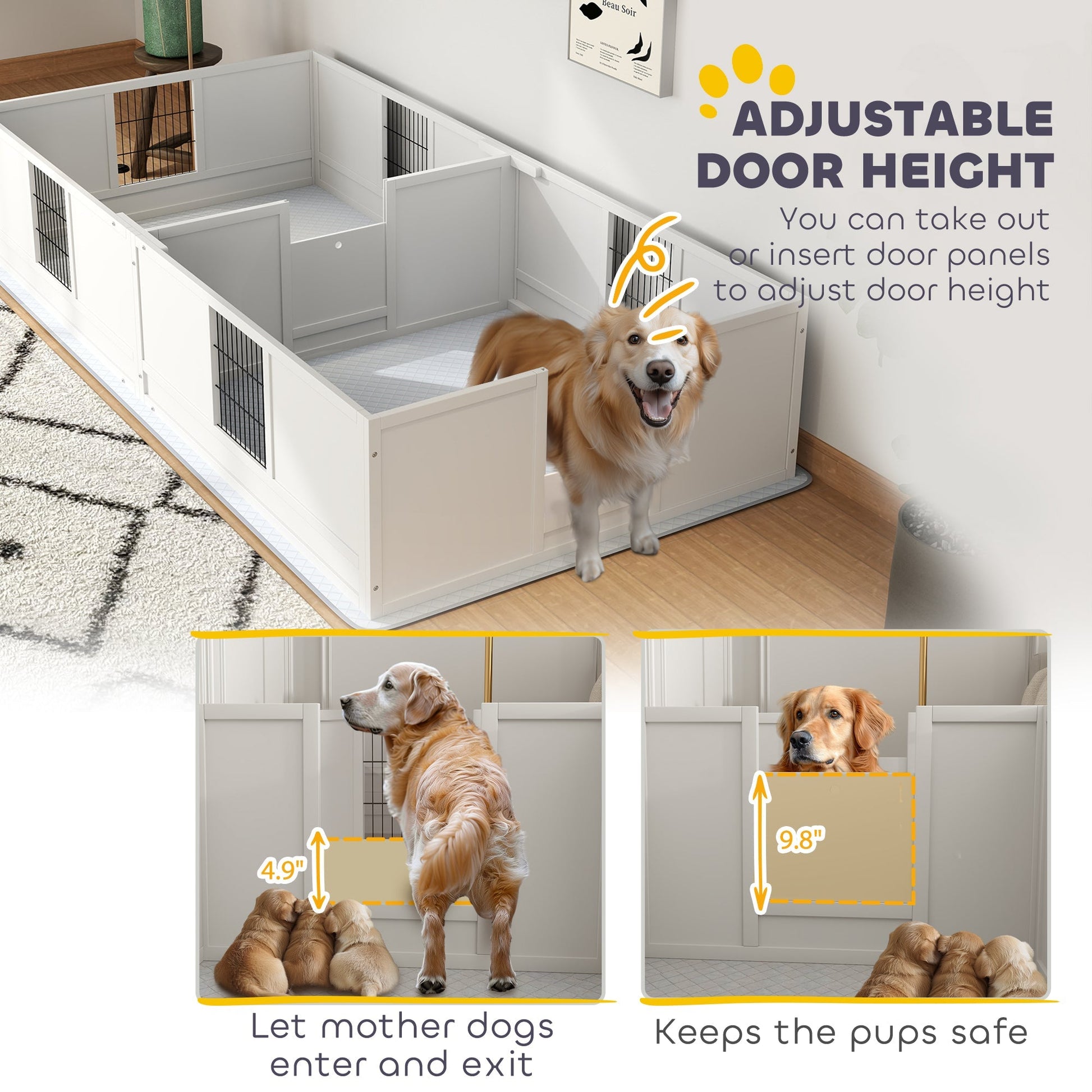 HKM-0235837 Dog Whelping Box with Washable Pad and Adjustable Door for Large Breeds – 96" x 47" x 19"