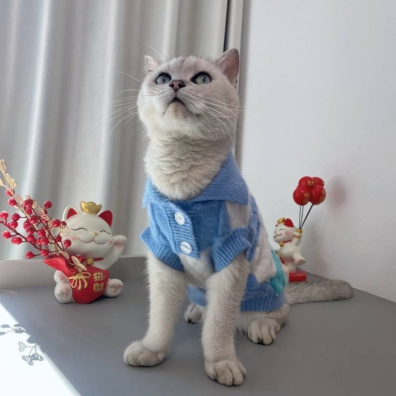 HKM-0238141 Plaid Polo-Collar Cardigan Sweater for Small to Medium Pets in Sky Blue and Pink