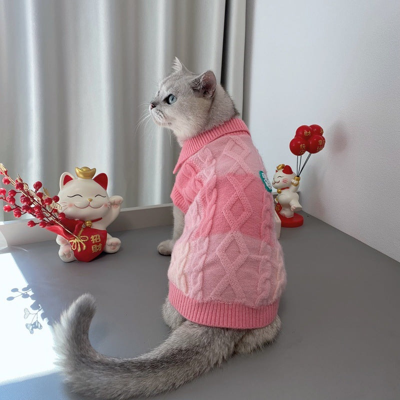 HKM-0238141 Plaid Polo-Collar Cardigan Sweater for Small to Medium Pets in Sky Blue and Pink