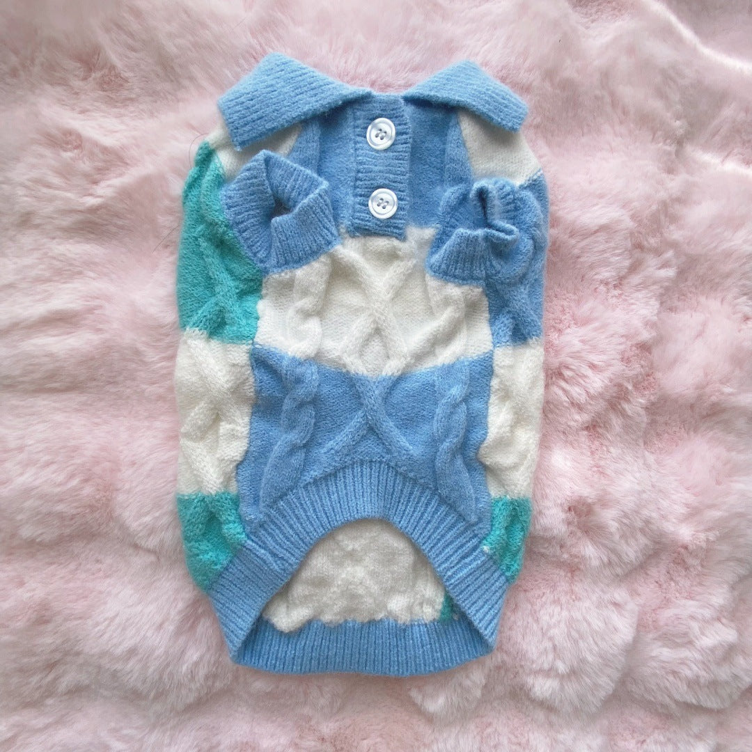 HKM-0238141 Plaid Polo-Collar Cardigan Sweater for Small to Medium Pets in Sky Blue and Pink