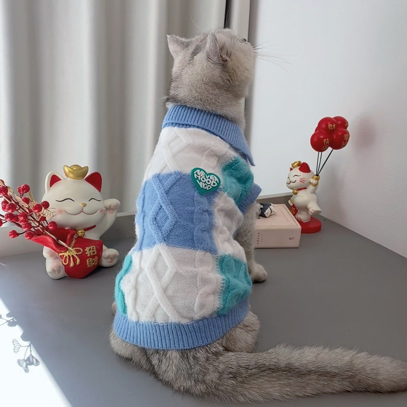HKM-0238141 Plaid Polo-Collar Cardigan Sweater for Small to Medium Pets in Sky Blue and Pink