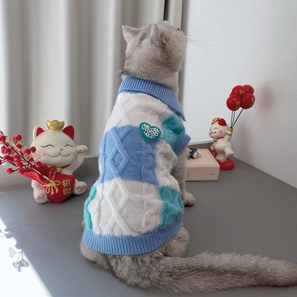 HKM-0238141 Plaid Polo-Collar Cardigan Sweater for Small to Medium Pets in Sky Blue and Pink