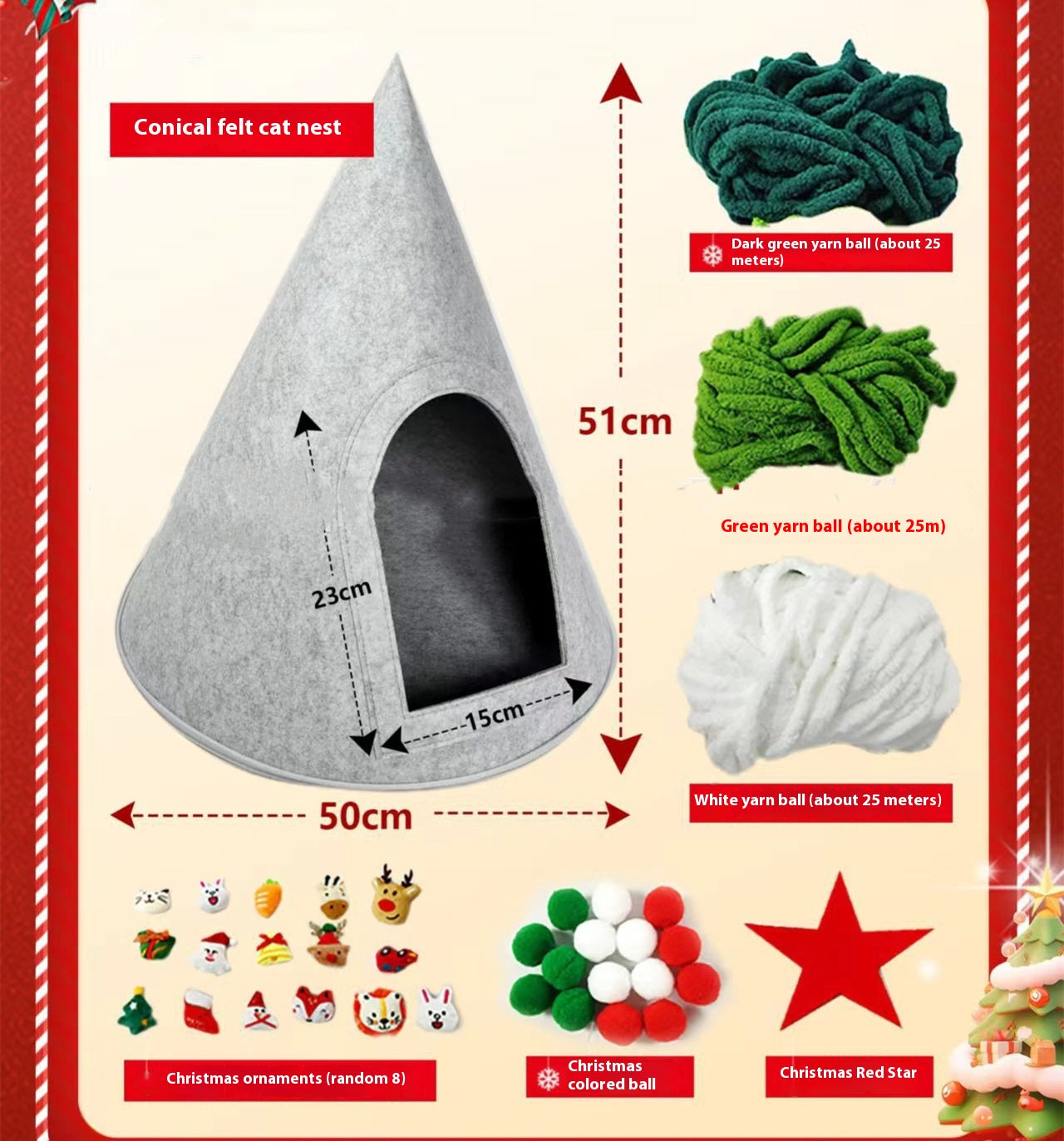 HKM-0240189 Handmade Felt Indoor Cat House - Enclosed Cone Design, 50cm Diameter, for Cats Under 12lbs