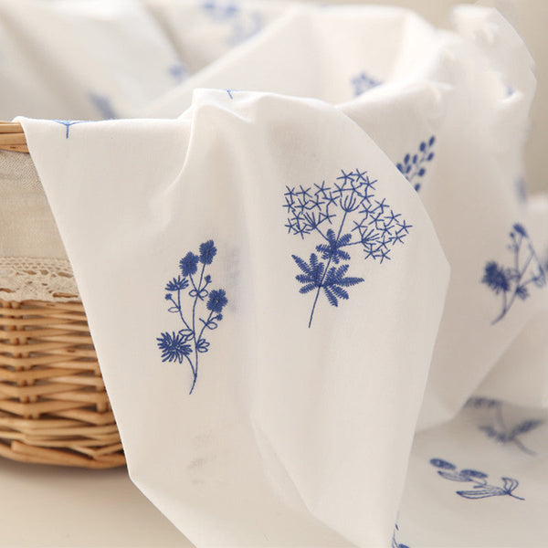 HKM-024211 Blue Flower Embroidered Pure Cotton Fabric for Clothing and Home Décor - 150cm x 0.5M