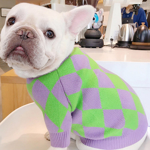 HKM-0243901 Cozy Purple Diamond Plaid Sweater for Dogs in Various Sizes