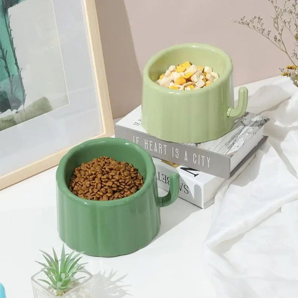 HKM-0246077 Solid Color High-Stand Anti-Slip Cat Bowl with Cactus Design for Easy Feeding