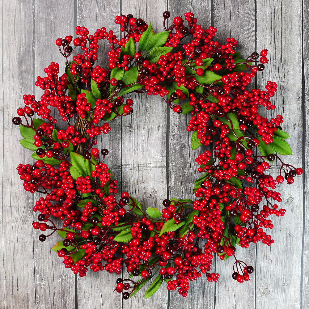 HKM-024787 Chinese Hawthorn Garland with Red Berries and Green Leaves - 45cm Handmade Wreath for Christmas Tree Decoration