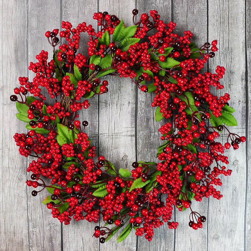 HKM-024787 Chinese Hawthorn Garland with Red Berries and Green Leaves - 45cm Handmade Wreath for Christmas Tree Decoration