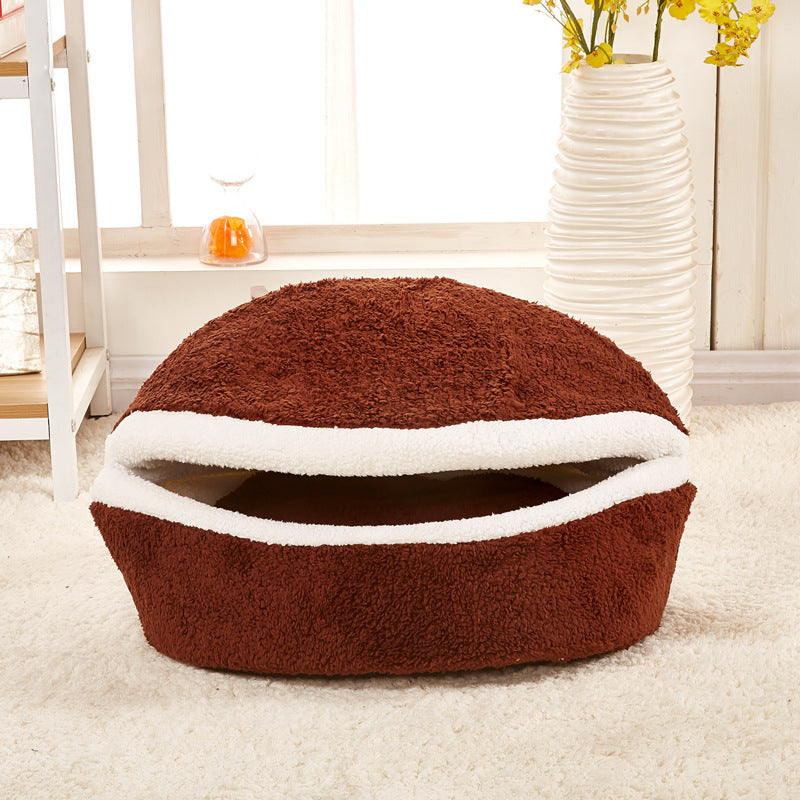 HKM-0251709 Removable Cat Litter Dog Kennel Nest - Cozy Hamburger Shell in Dark Coffee, Beige, Pink
