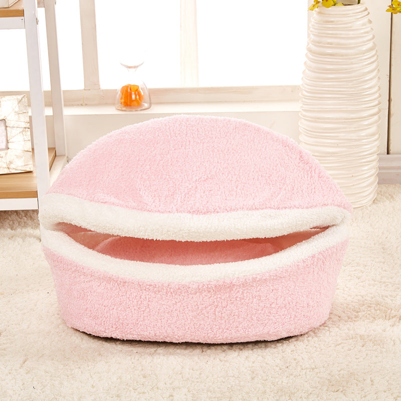 HKM-0251709 Removable Cat Litter Dog Kennel Nest - Cozy Hamburger Shell in Dark Coffee, Beige, Pink