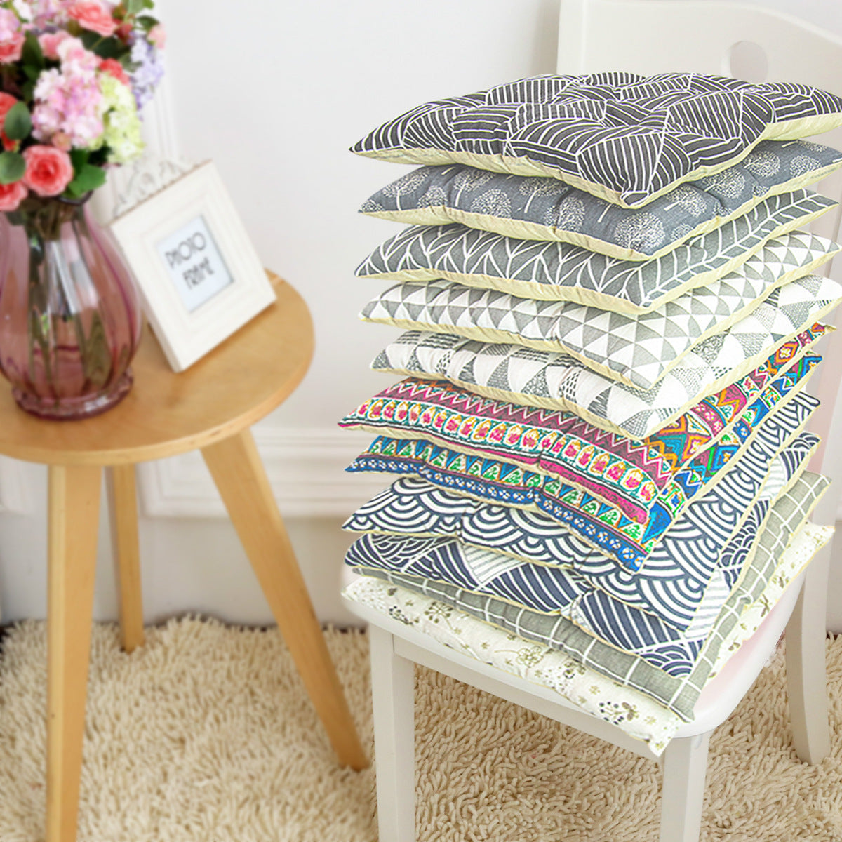 HKM-025619 Geometric Pattern Round Chair Cushion for Bay Windows, Cotton and Linen, 40x40 cm