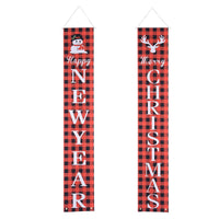HKM-025939 Merry Christmas Porch Signs - Set of 2, Buffalo Plaid and Snowman Design, Durable Fabric, 72"x12" Each, Indoor/Outdoor Decoration