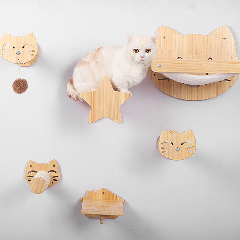 HKM-0260669 Pine Solid Wood Cat Wall Climbing Frame with Multi-Layer Platforms and Scratch-Resistant Hemp Rope