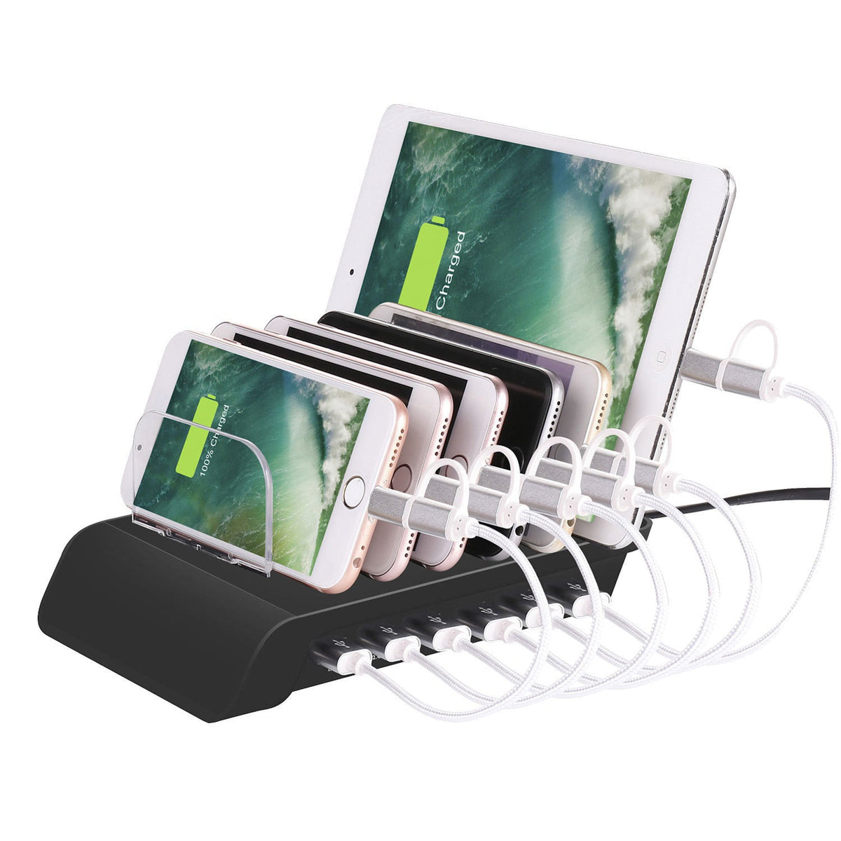HKM-026323 Six-Port USB Charging Stand with Intelligent Fast Charging, Compact Design for Home & Office Use