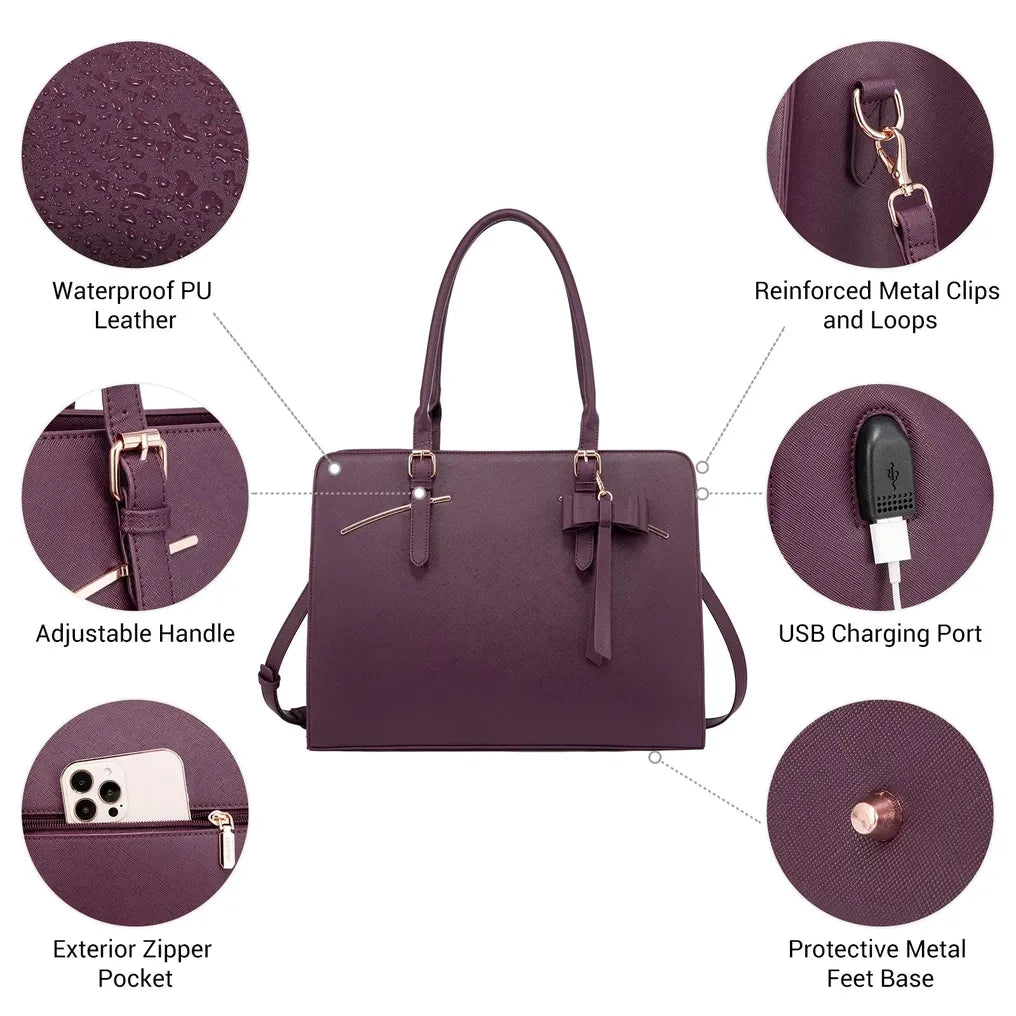 HKM-026515 Stylish PU Leather Waterproof Briefcase Tote Bag with Multi-Compartment Design and USB Port