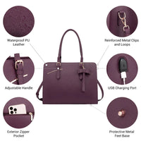 HKM-026515 Stylish PU Leather Waterproof Briefcase Tote Bag with Multi-Compartment Design and USB Port
