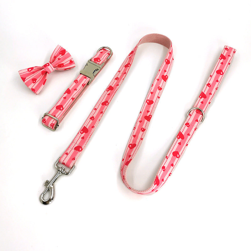HKM-0268989 Sweetheart Pink Heart Print Pet Collar and Leash Set with Bow