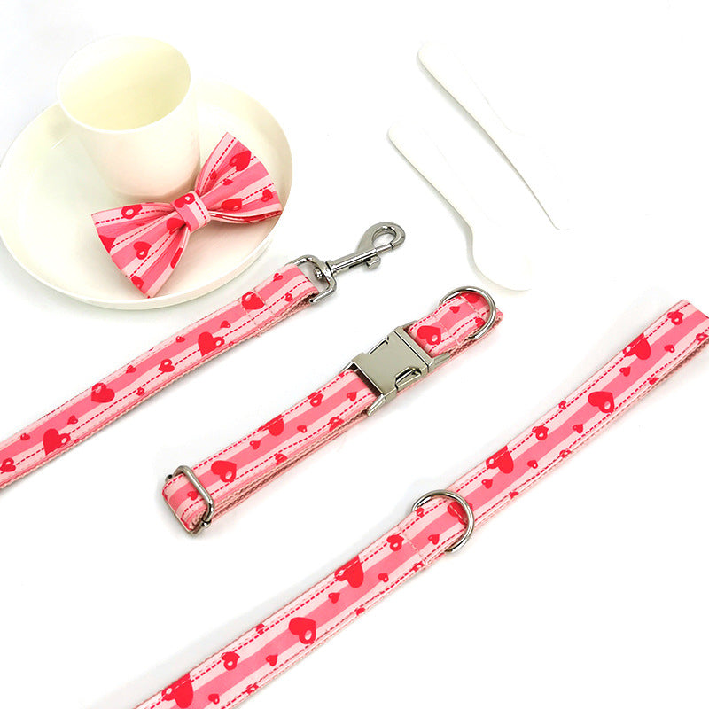 HKM-0268989 Sweetheart Pink Heart Print Pet Collar and Leash Set with Bow