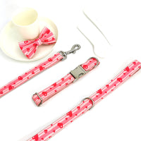 HKM-0268989 Sweetheart Pink Heart Print Pet Collar and Leash Set with Bow