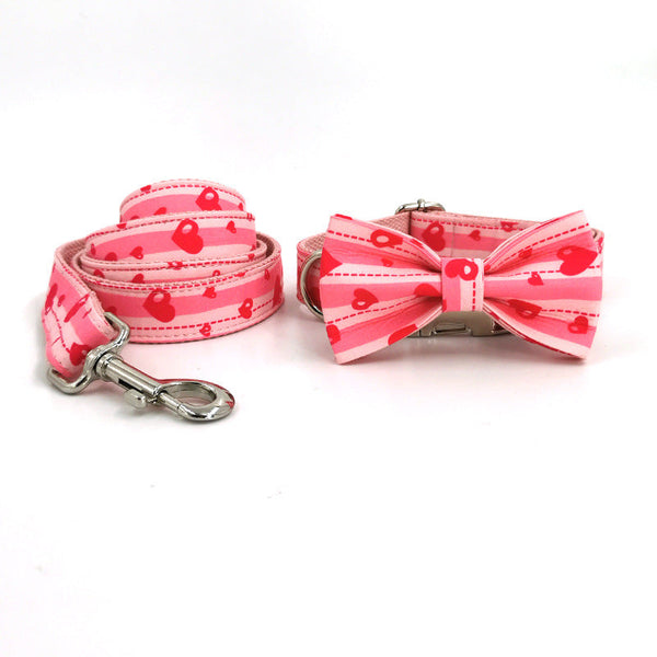 HKM-0268989 Sweetheart Pink Heart Print Pet Collar and Leash Set with Bow