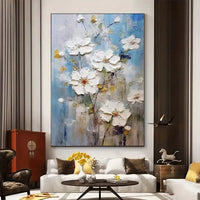 HKM-026899 Handmade 3D Texture Oil Painting of White Flowers on Canvas for Modern Home Decor
