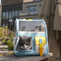 HKM-0269373 Transparent Portable Backpack for Cats - Breathable PVC Travel Bag in Orange and Blue