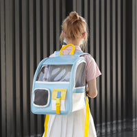 HKM-0269373 Transparent Portable Backpack for Cats - Breathable PVC Travel Bag in Orange and Blue