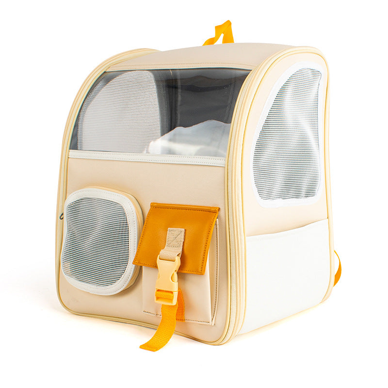HKM-0269373 Transparent Portable Backpack for Cats - Breathable PVC Travel Bag in Orange and Blue