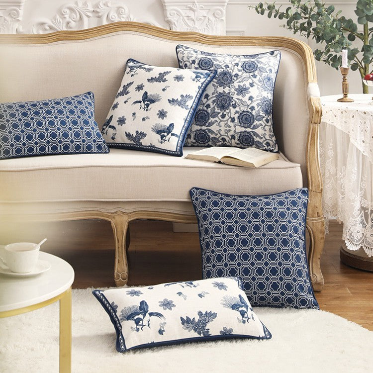 HKM-027283 Cotton and Linen Square Pillow Cushions in Blue - Geometric Designs, 30x50cm & 45x45cm Options