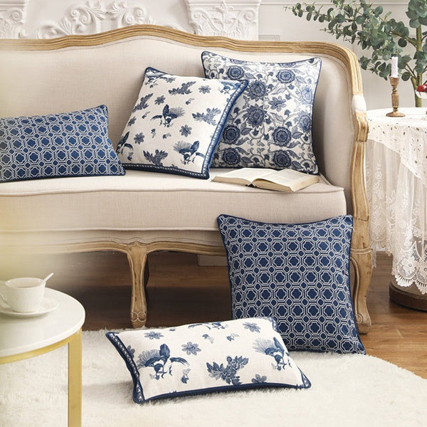 HKM-027283 Cotton and Linen Square Pillow Cushions in Blue - Geometric Designs, 30x50cm & 45x45cm Options