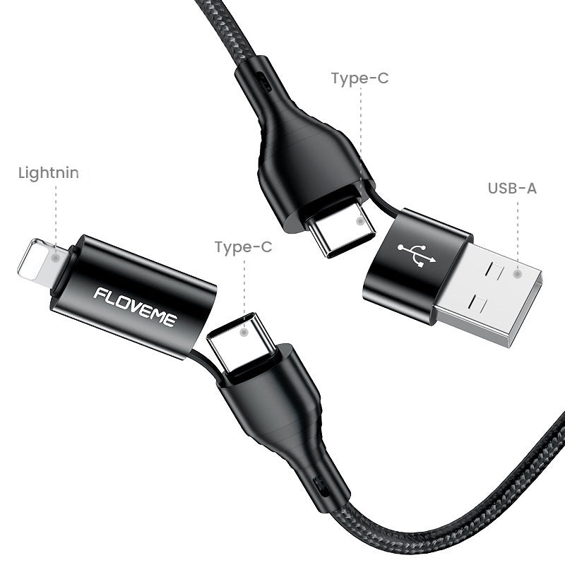 HKM-027347 4-in-1 Fast Charging Braided Data Cable with PVC and Nylon for Multiple Devices