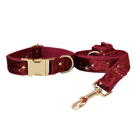 HKM-0274877 Burgundy Star Flannel Dog Collar, Leash, and Bow Tie Set
